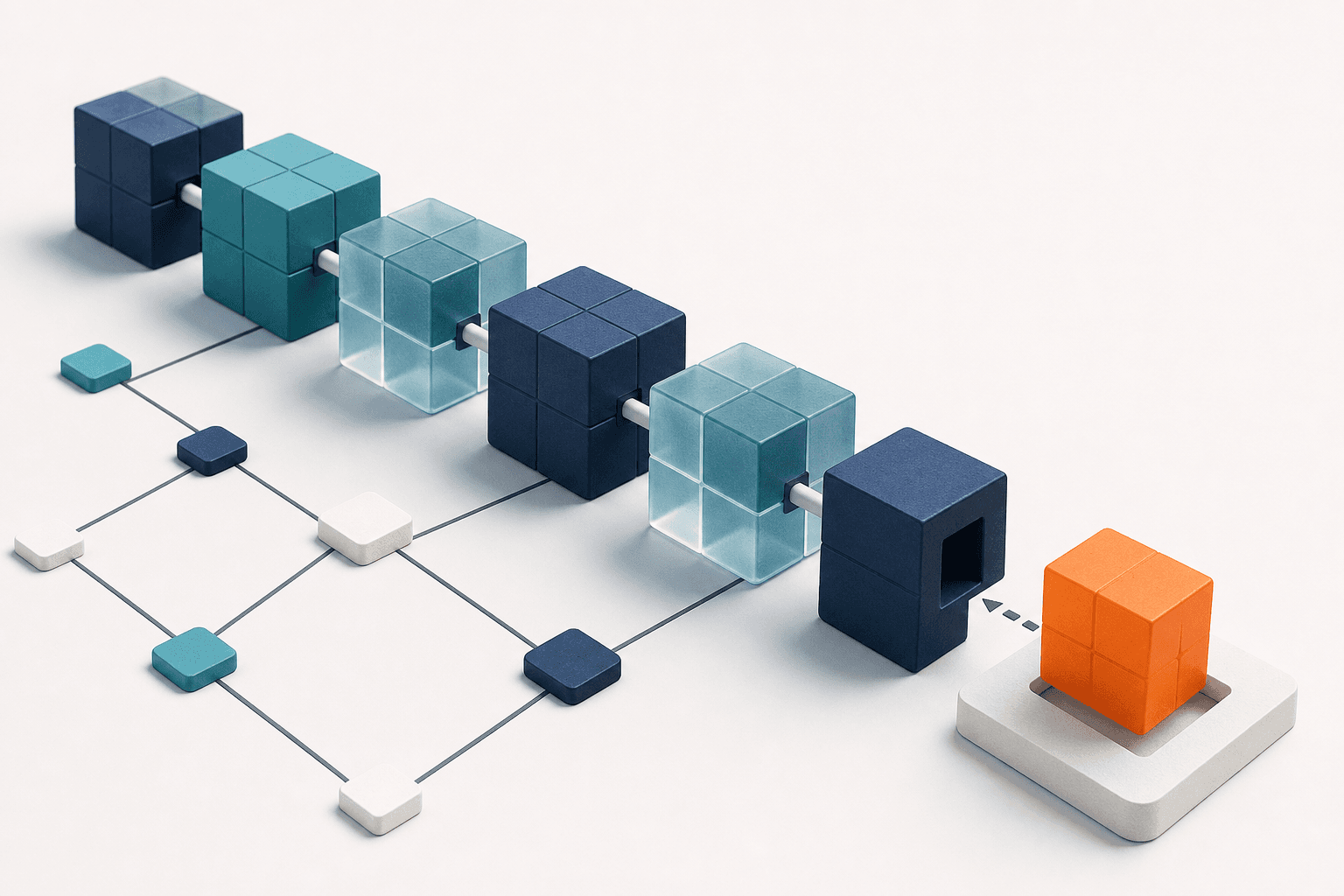 Connected navy and teal blocks with an orange block being added
