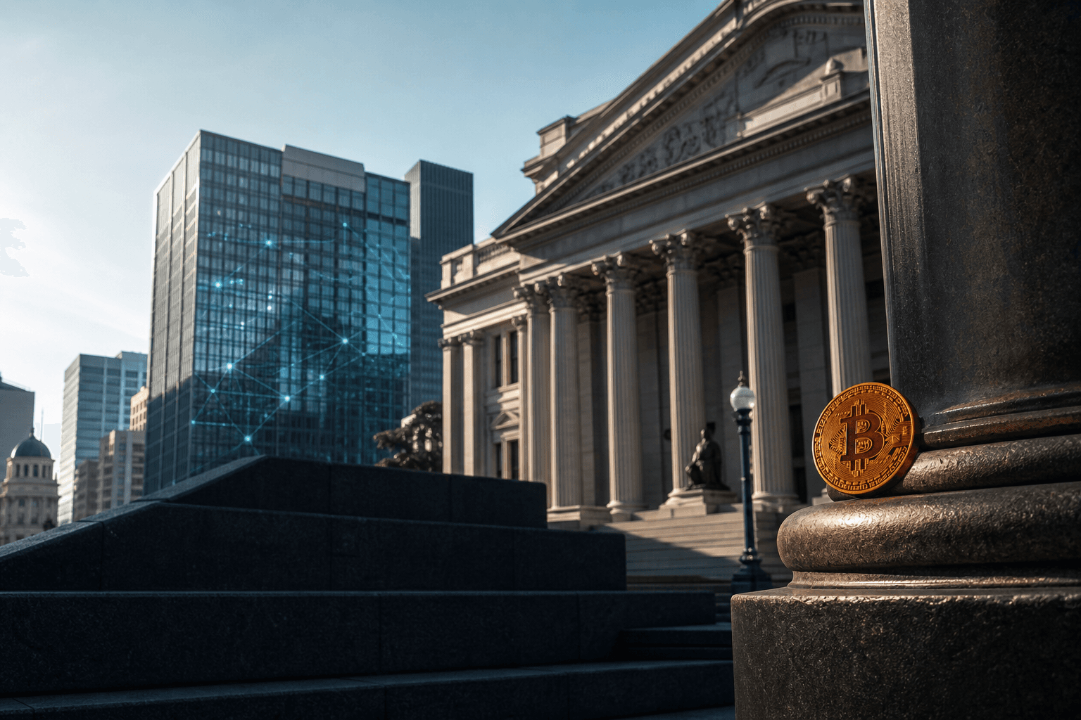 Financial district architecture with a subtle digital network and Bitcoin detail