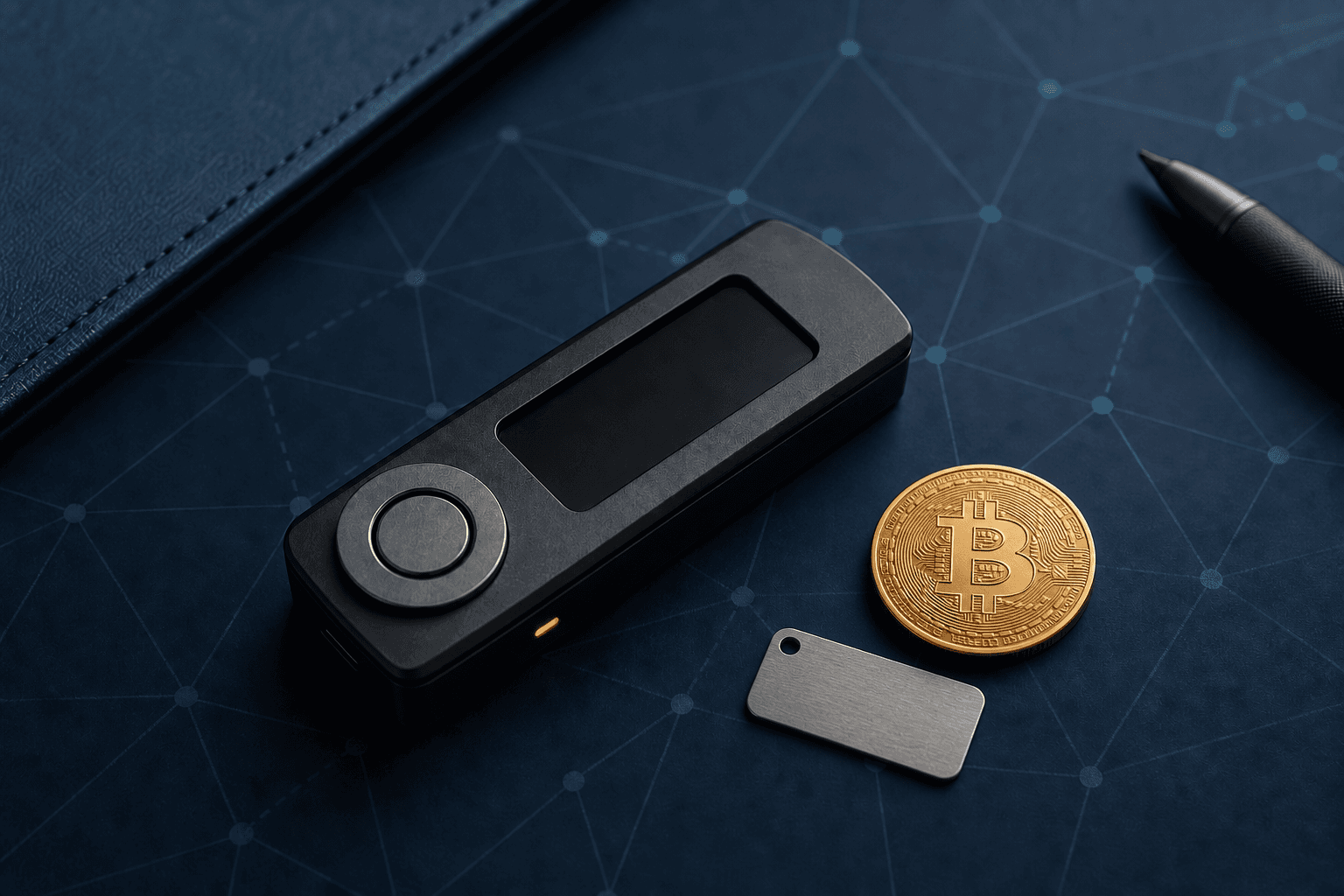 Hardware wallet, Bitcoin coin, and recovery plate on a network-patterned surface